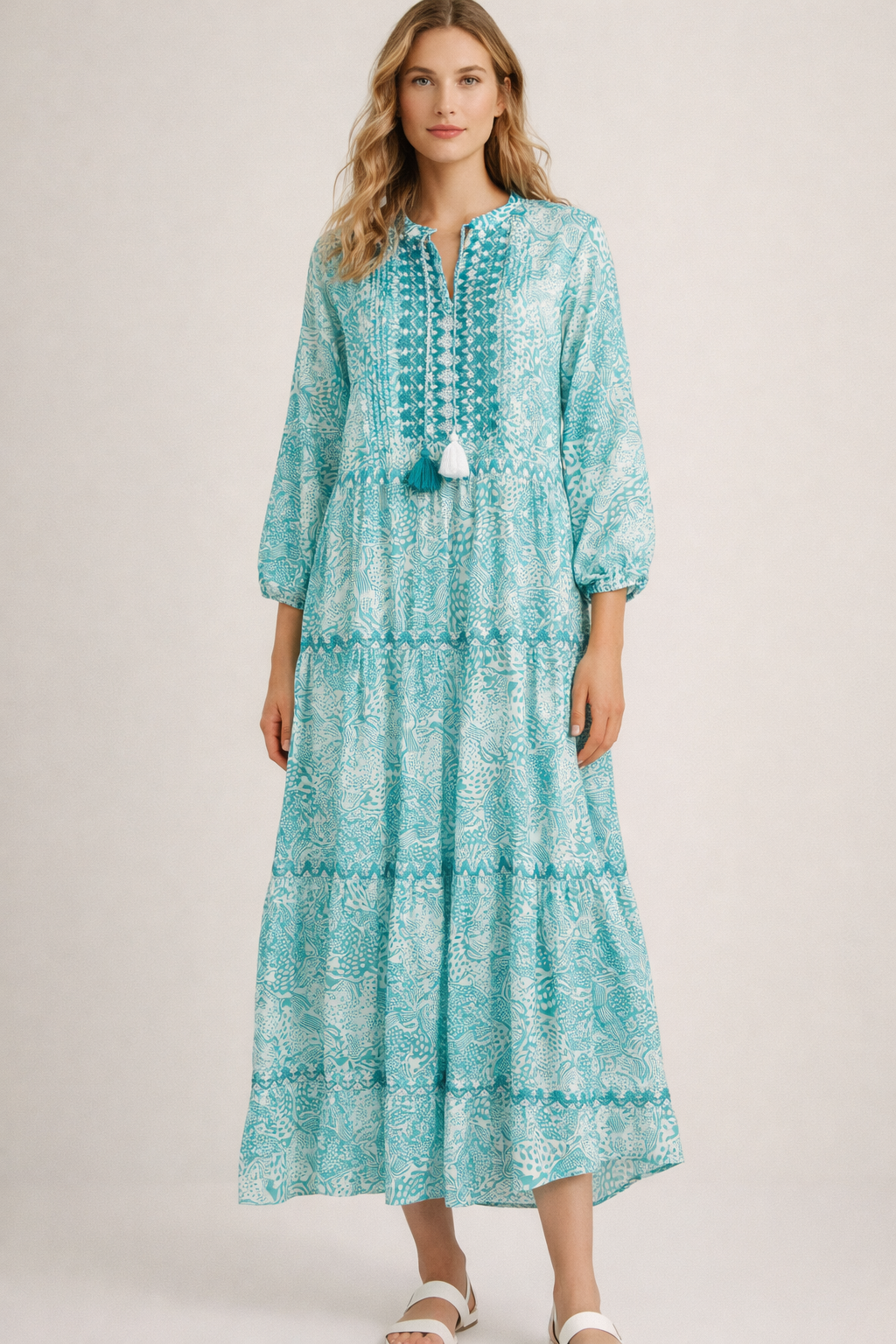 Langes Kleid Türkis | Weiß