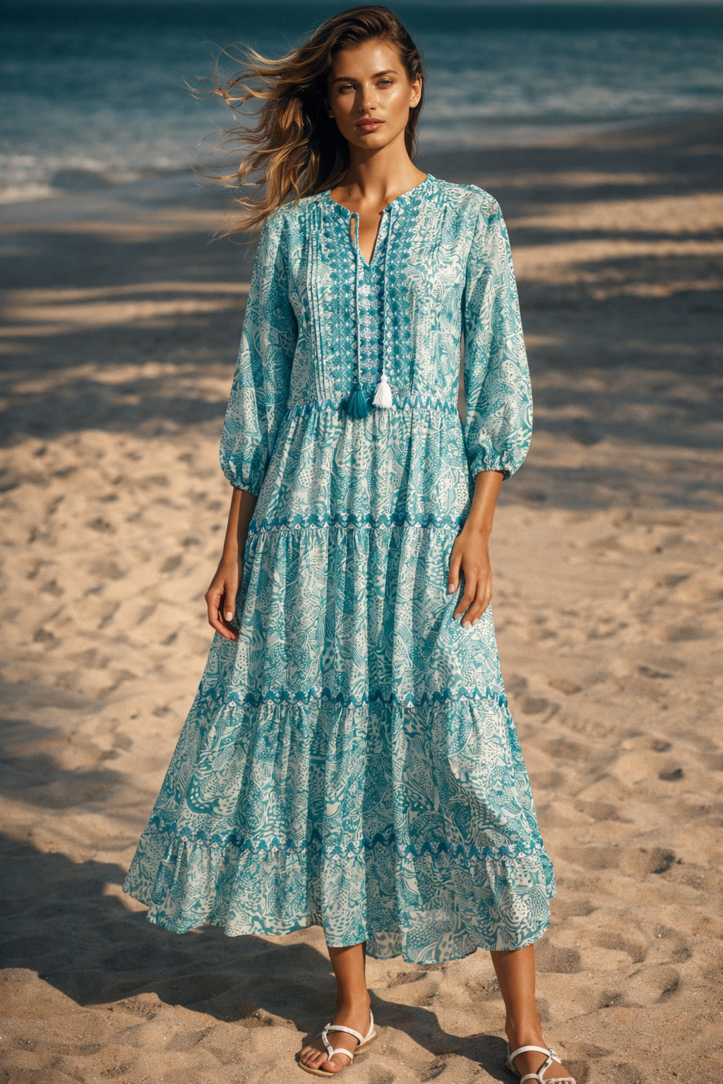 Langes Kleid Türkis | Weiß