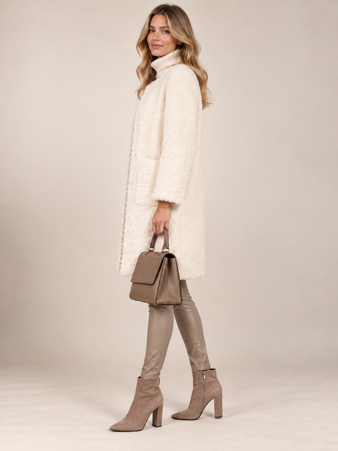 Vittoria Bini / KUSCHELIGER TEDDYMANTEL „CURLY“ Weiß / Seitenansicht