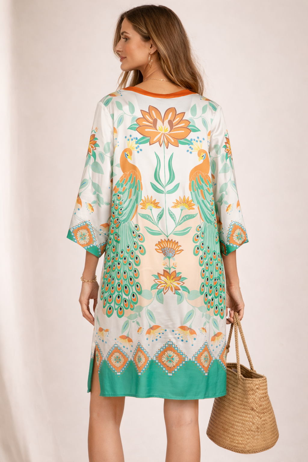 Kleid „Pfau“ Creme | Orange | Grün | Multi