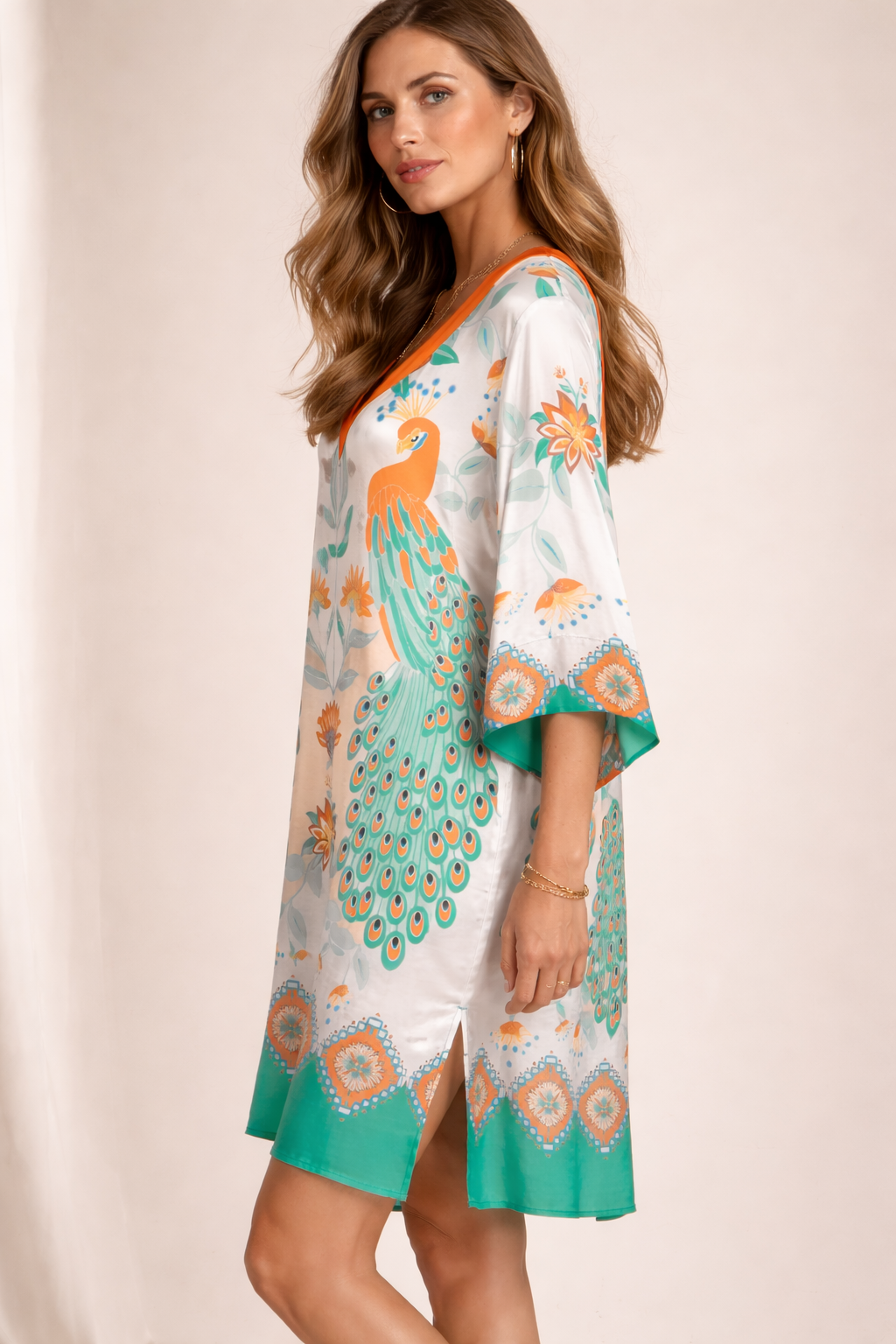 Kleid „Pfau“ Creme | Orange | Grün | Multi