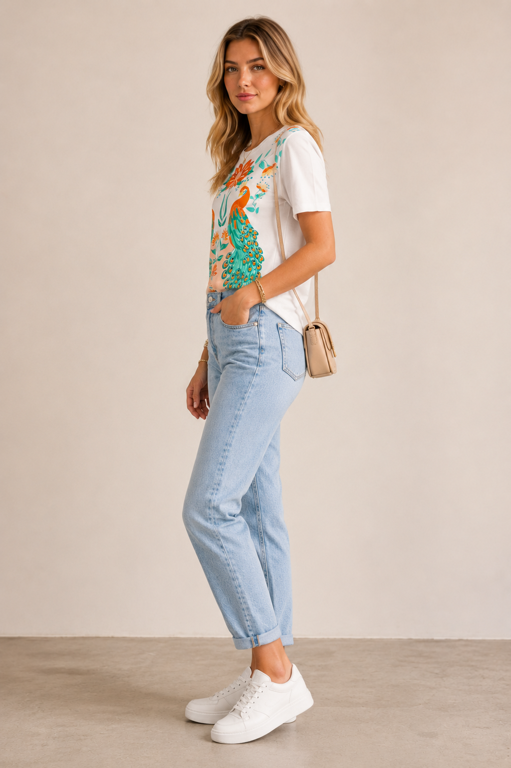 T-Shirt „Pfau“ Weiß | Orange | Grün