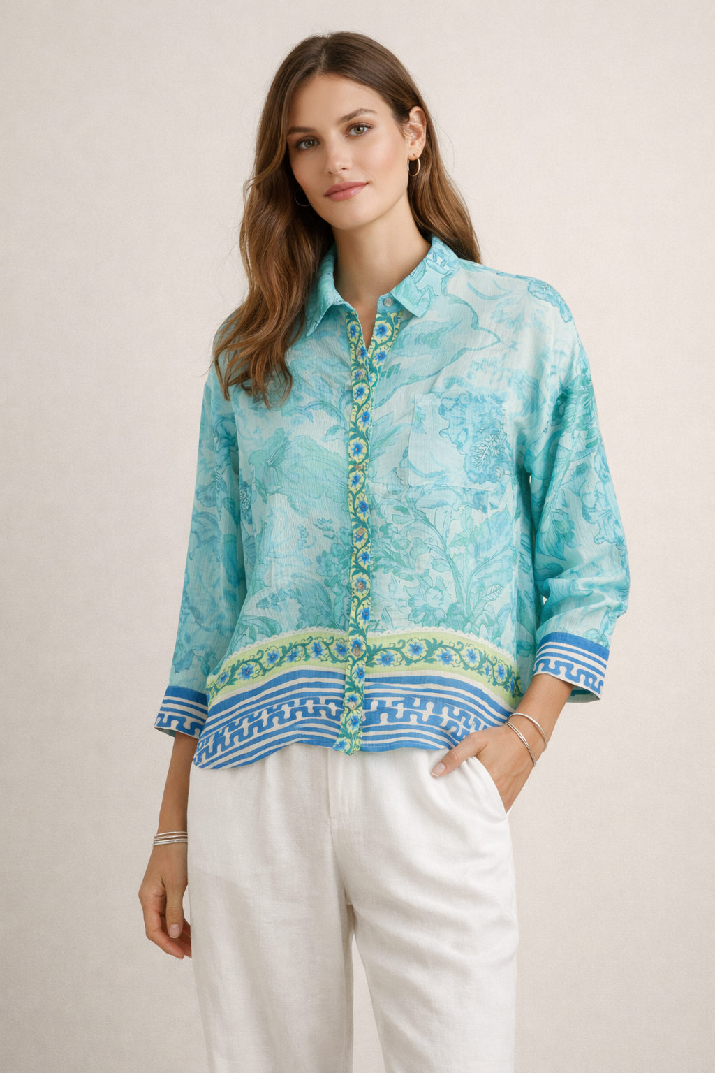 Hemdbluse Floral Türkis- | Blautönen