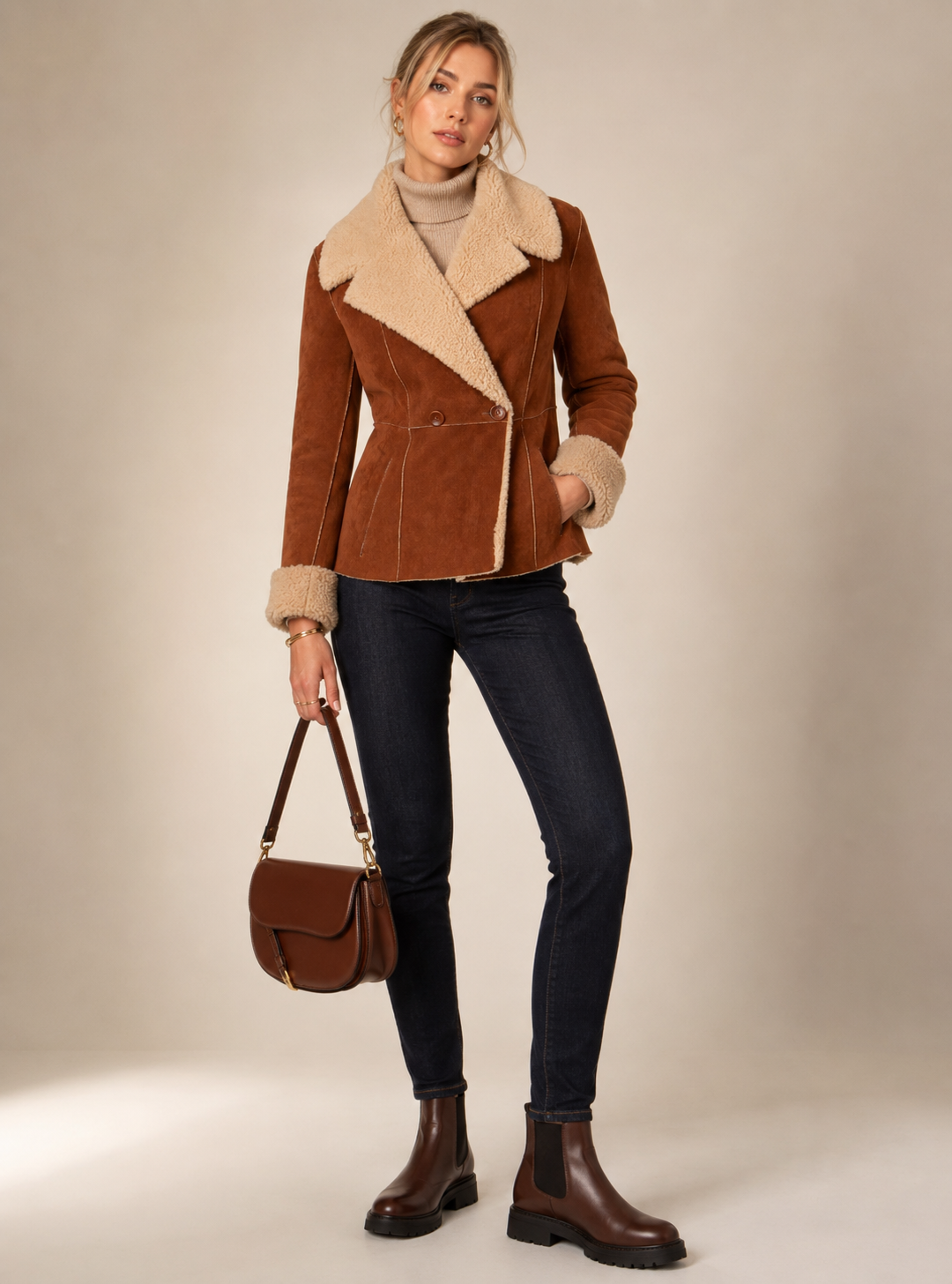 Velours-Jacke „Lammfell-Optik“ Cognac | Beige