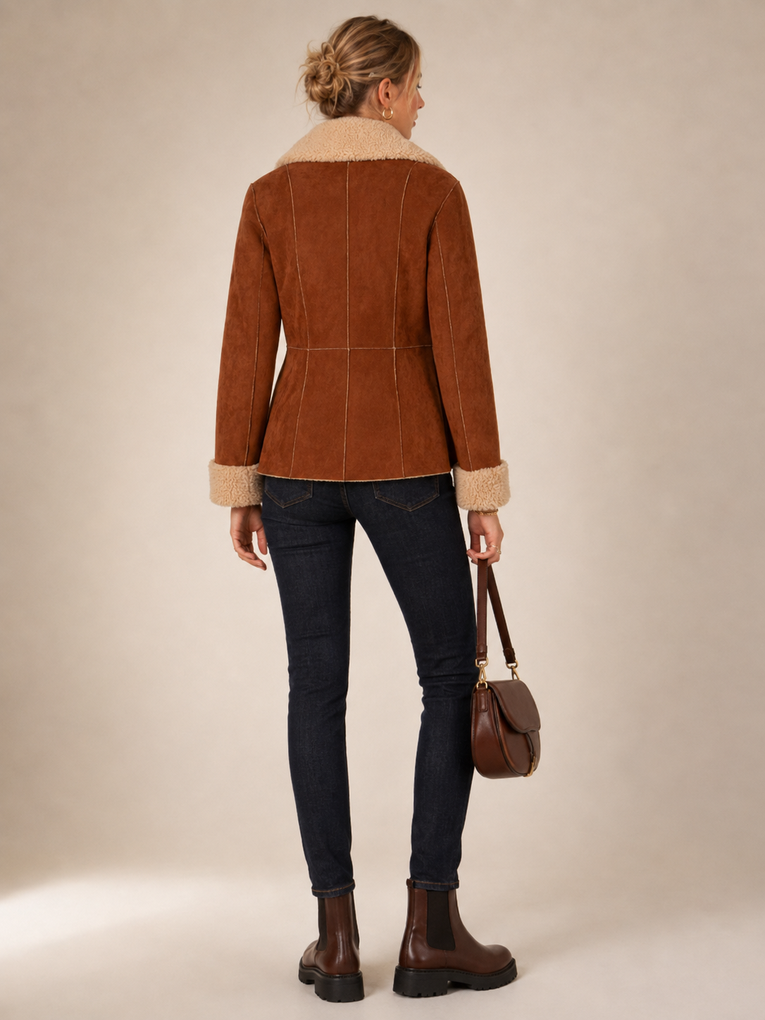 Velours-Jacke „Lammfell-Optik“ Cognac | Beige