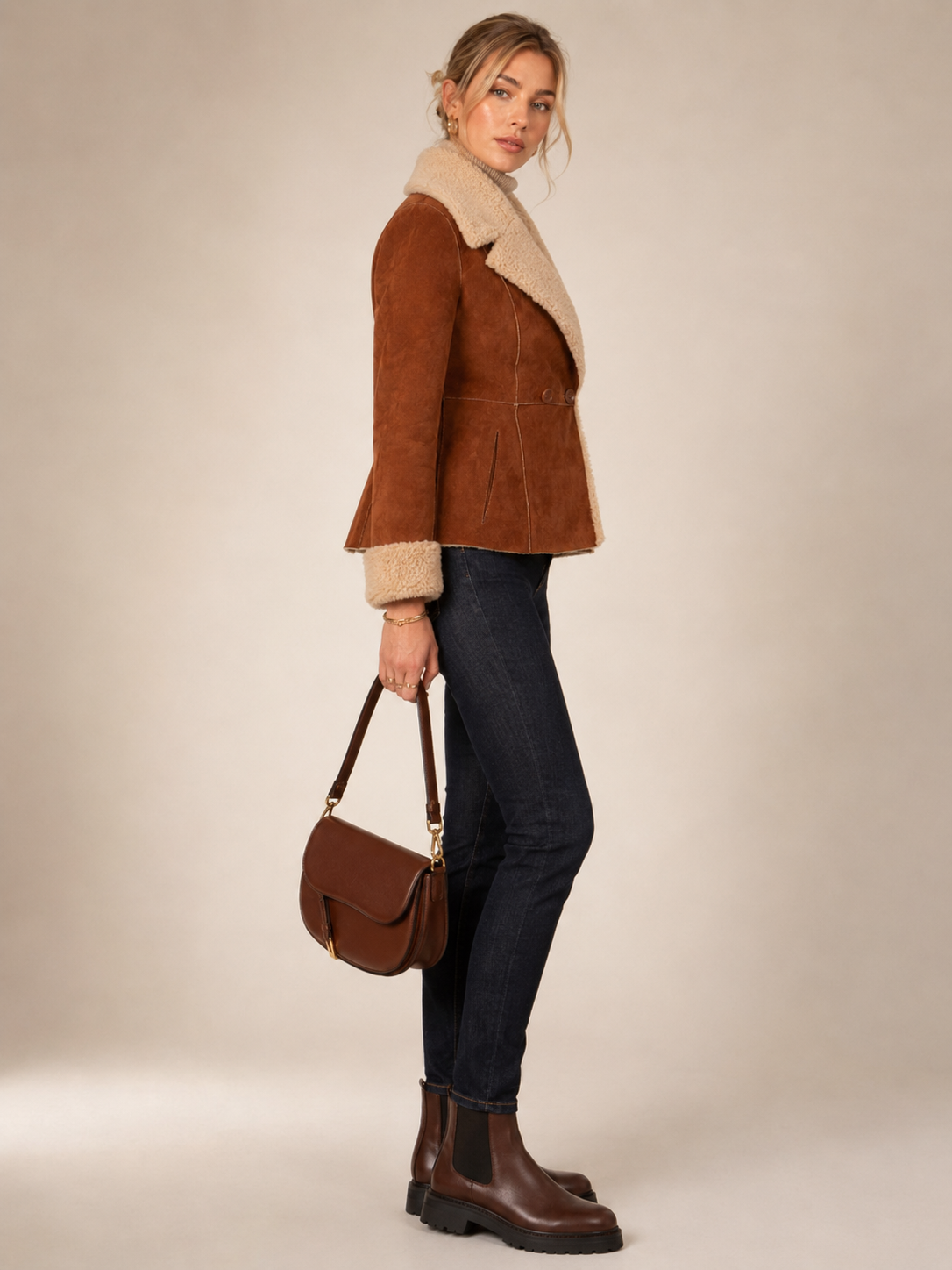 Velours-Jacke „Lammfell-Optik“ Cognac | Beige