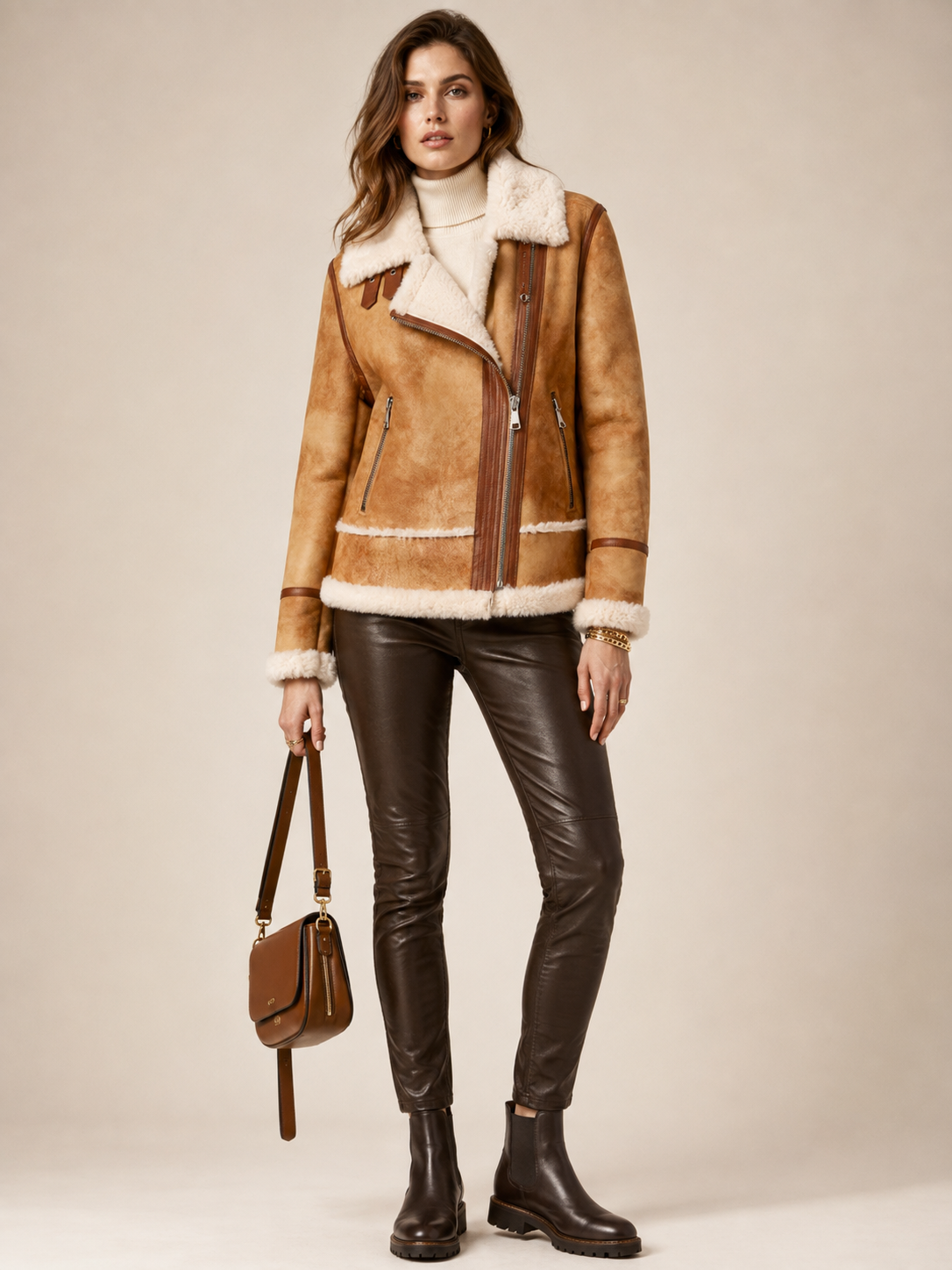 Exklusive Lammfelljacke „Biker-/Aviator-Stil“ Beige