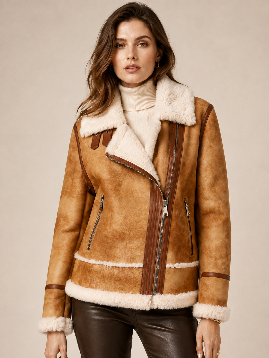 Exklusive Lammfelljacke „Biker-/Aviator-Stil“ Beige