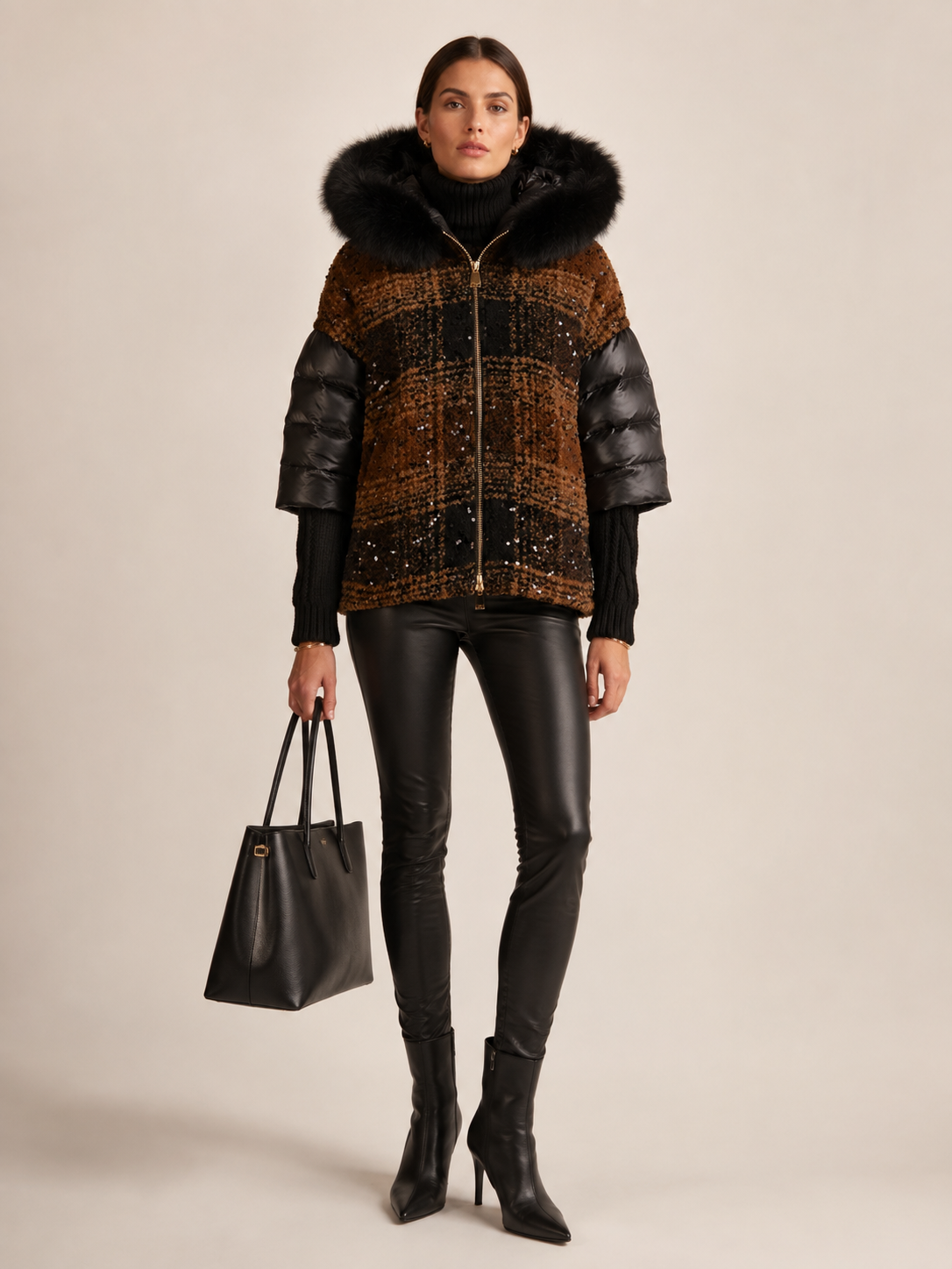 Winter Statement-Daunenjacke „Pailletten“ Braun | Schwarz