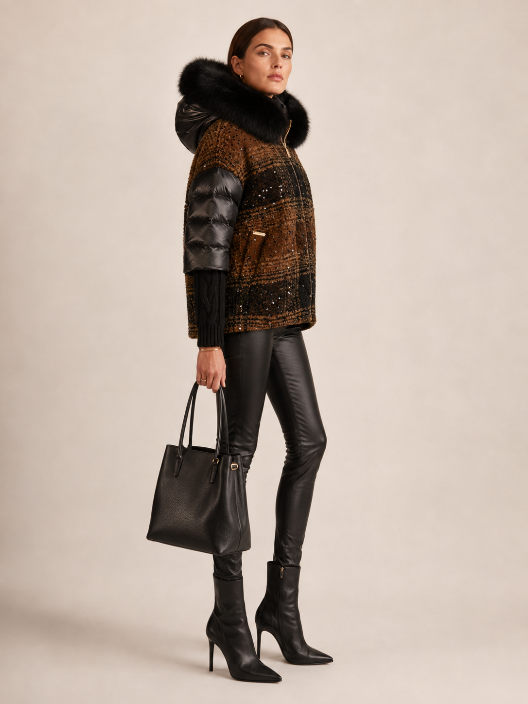 Winter Statement-Daunenjacke „Pailletten“ Braun | Schwarz