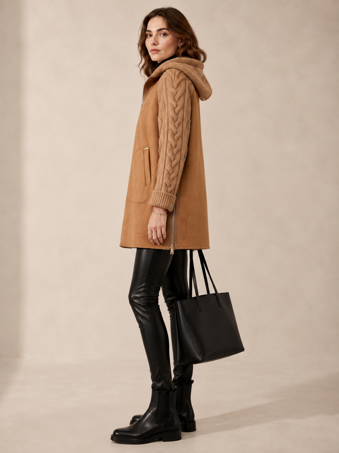 MDF Marco Del Forte Urbane Hybrid-Mantel Wolle & Eco-Shearling Camel - Design-Fokus
