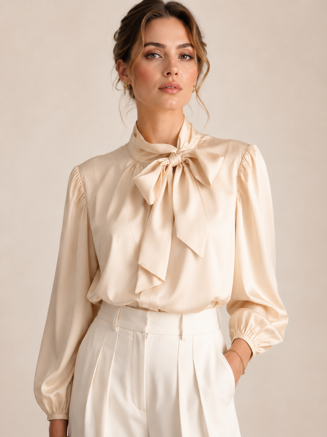 Schluppenbluse „Liana Schleife“ Beige