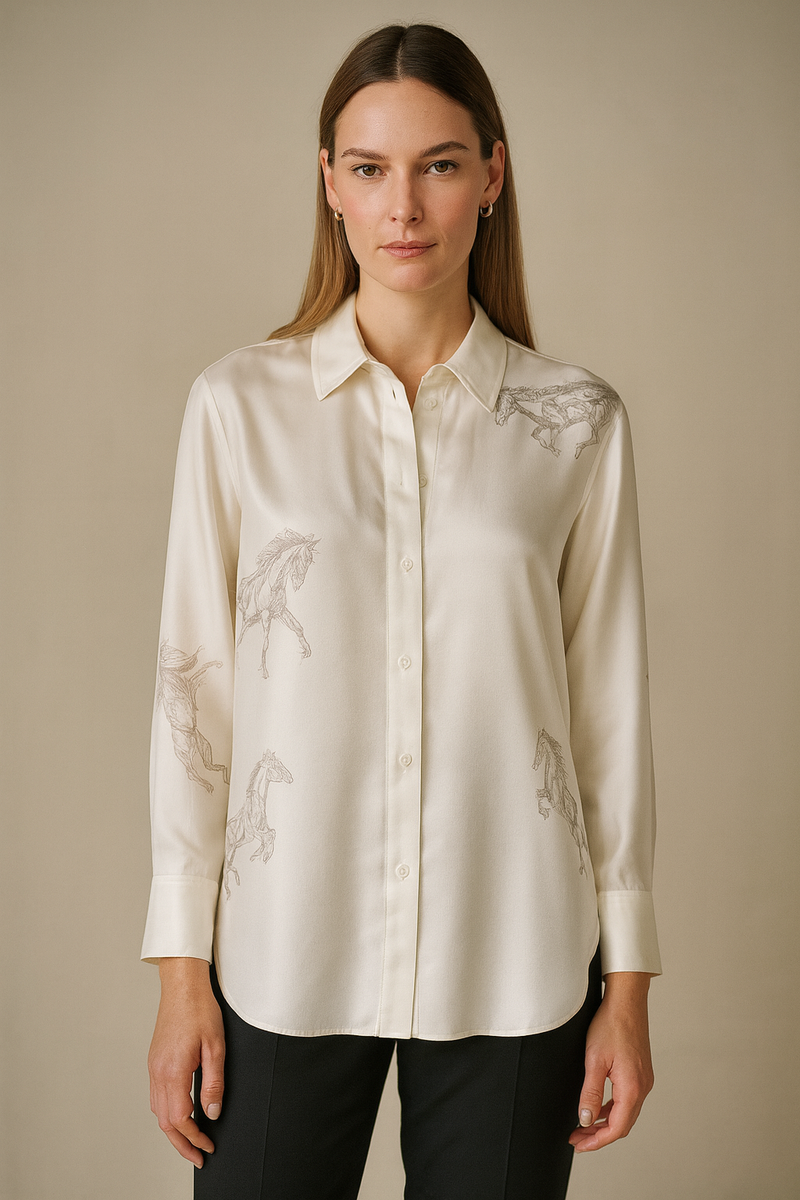 Seiden Bluse „Pferd“ Weiß | Taupe