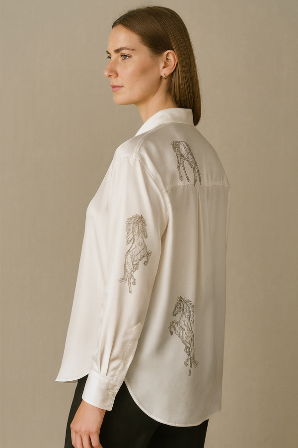 Seiden Bluse „Pferd“ Weiß | Taupe