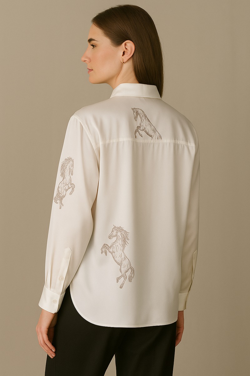 Seiden Bluse „Pferd“ Weiß | Taupe
