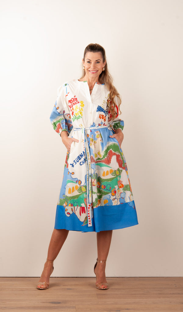 Langes Kleid Weiß | Blau | Multicolor