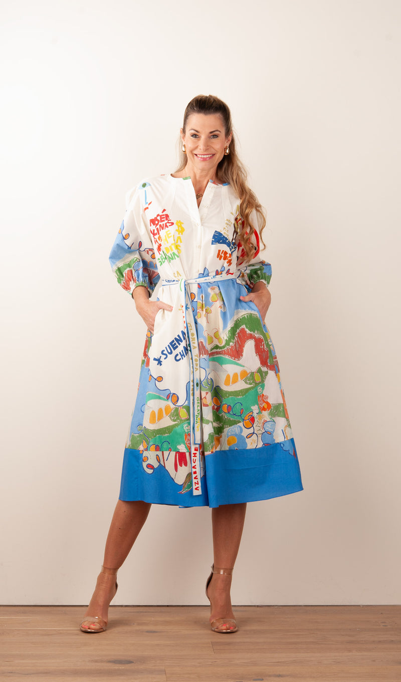 Langes Kleid Weiß | Blau | Multicolor