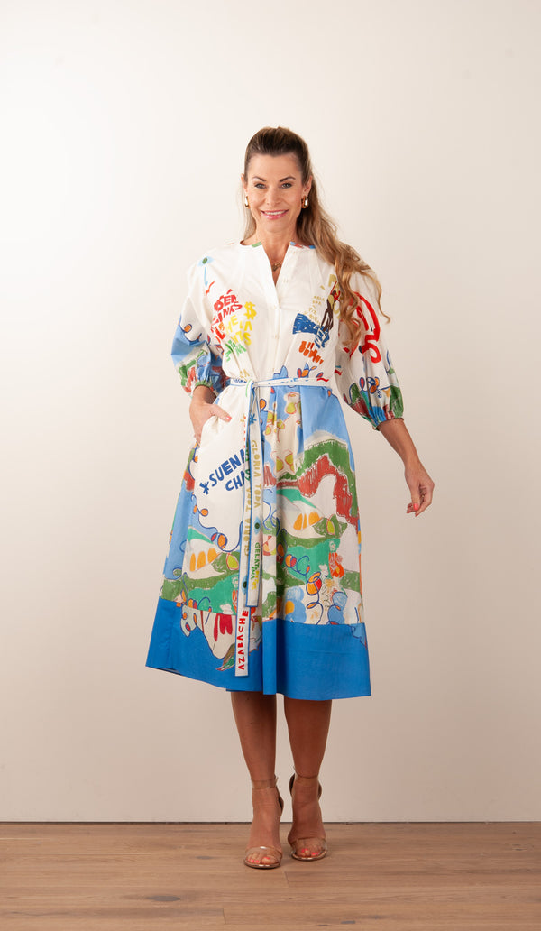Langes Kleid Weiß | Blau | Multicolor