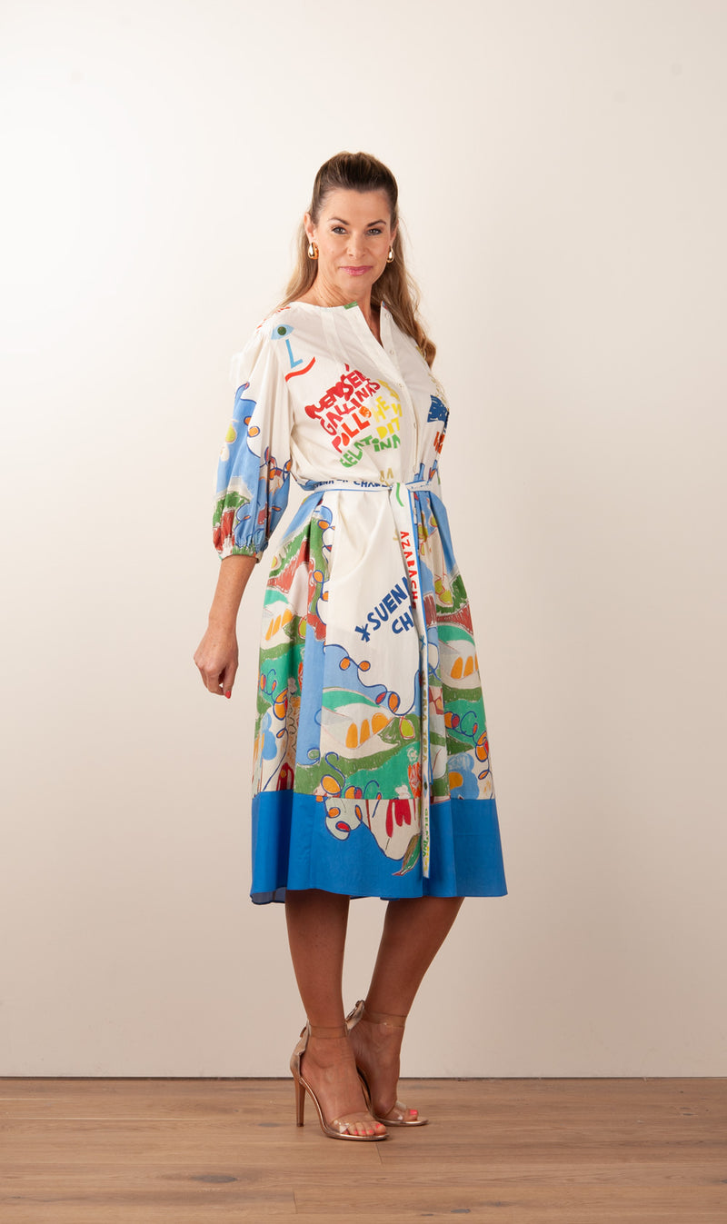 Langes Kleid Weiß | Blau | Multicolor