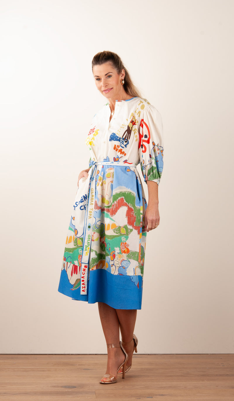 Langes Kleid Weiß | Blau | Multicolor