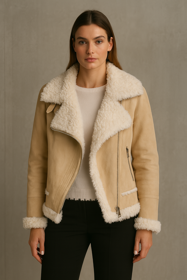 Lammfell-Jacke „Fake Fur“ Beige | Offwhite