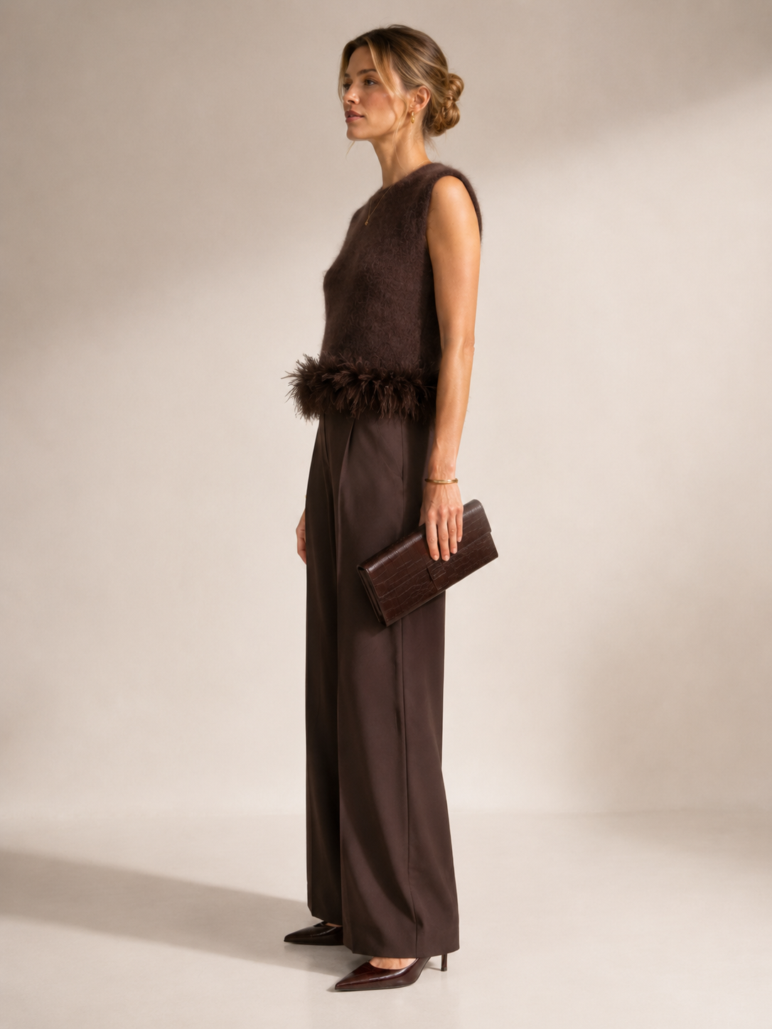 Blossom & Co. Statement-Strick-Top Federbesatz Schokobraun - Design-Fokus