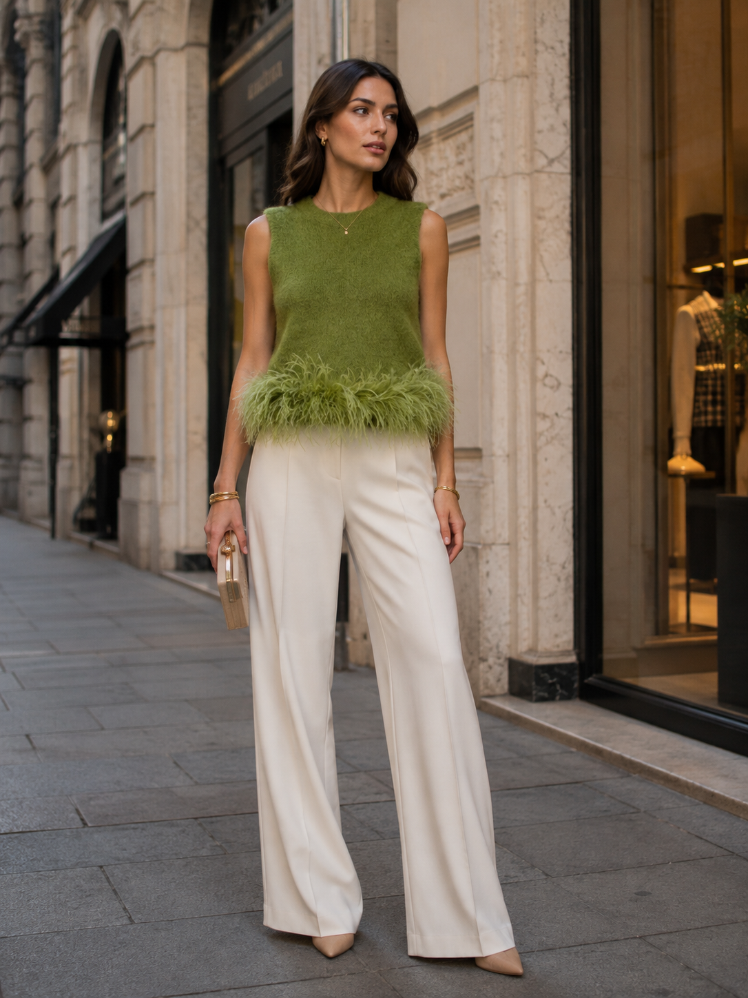 Blossom & Co. Statement-Strick-Top Federbesatz Grün - Outfit-Inspiration