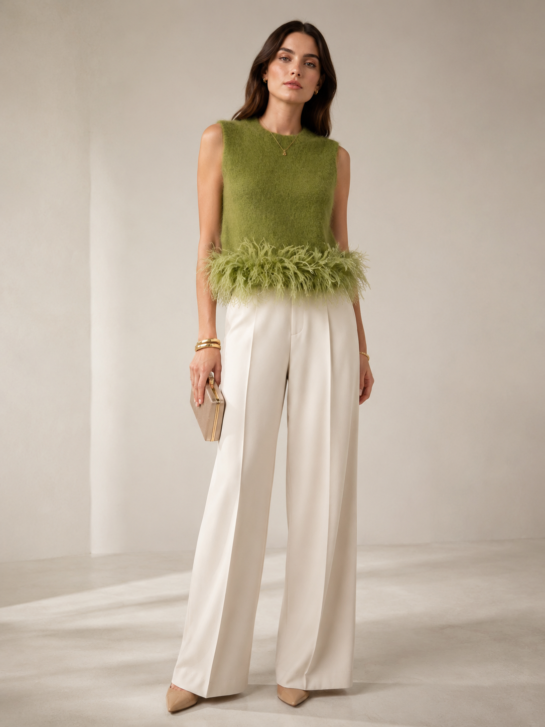 Blossom & Co. Statement-Strick-Top Federbesatz Grün - Editorial-Ansicht