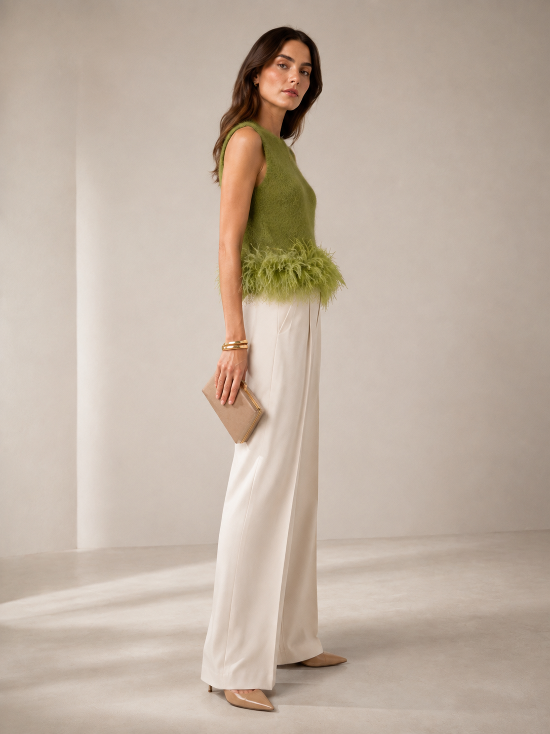 Blossom & Co. Statement-Strick-Top Federbesatz Grün - Design-Fokus