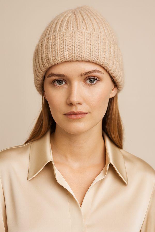 Kaschmir Beanie „Glitzer“ Mandel