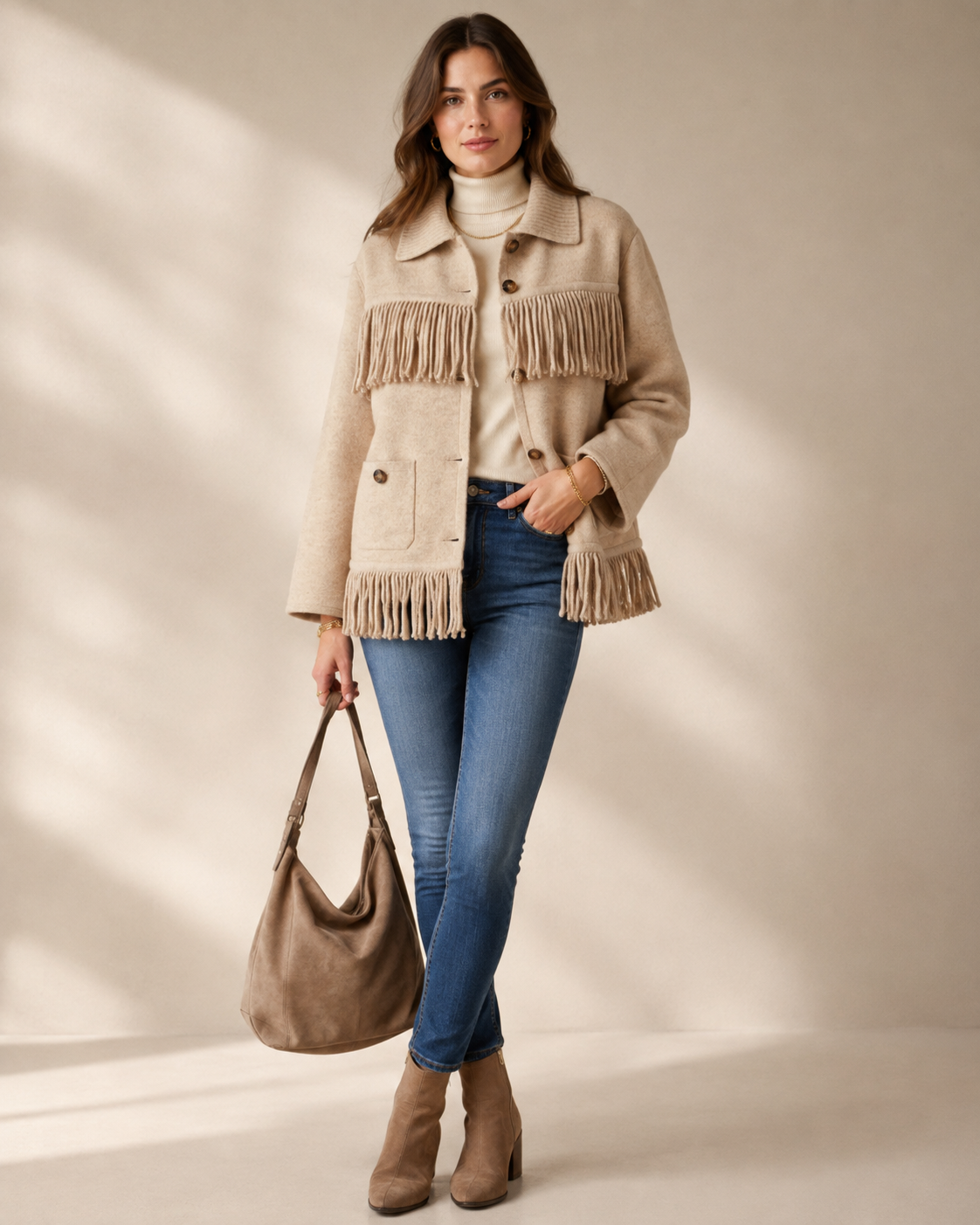 Blossom & Co. Bohemian Chic Statement-Wolljacke Beige - Editorial-Ansicht
