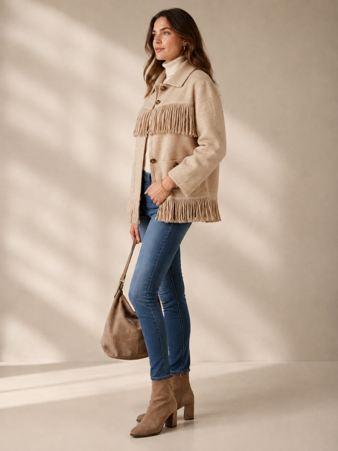 Blossom & Co. Bohemian Chic Statement-Wolljacke Beige - Design-Fokus