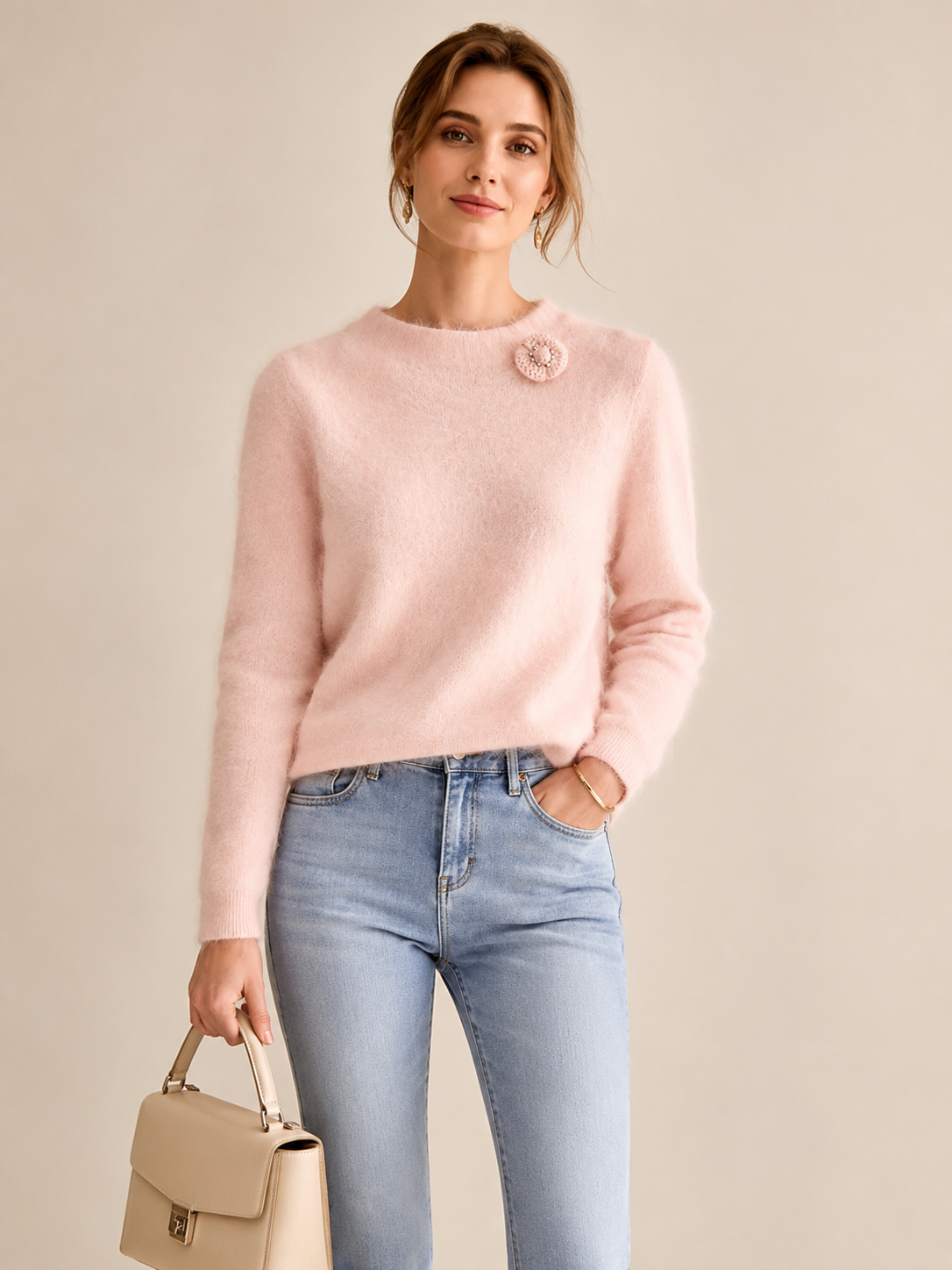 Kaschmir-Pullover „Fluff-Textur“ Zartrosa