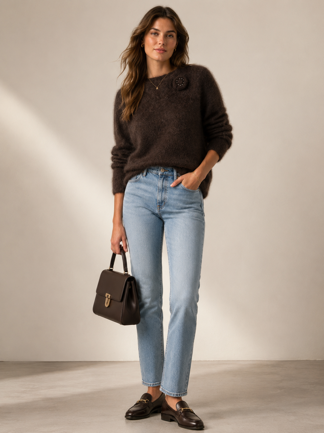 Kaschmir-Pullover „Fluff-Textur“ Schokobraun