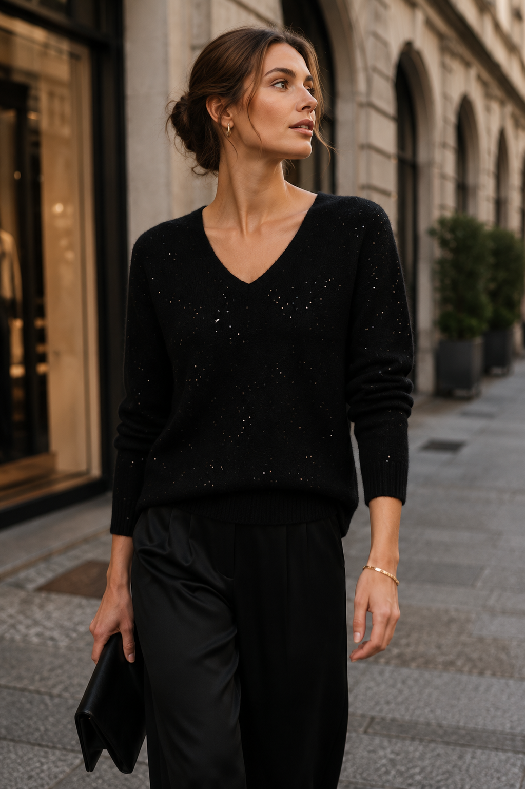 Kaschmir-Mix Pullover „Glamour-Pailletten“ Schwarz