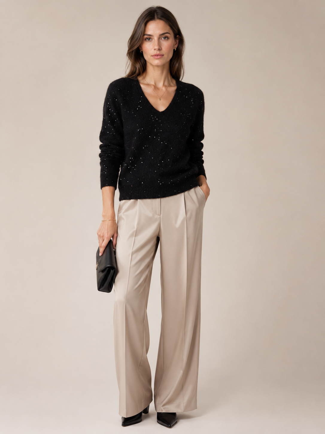 Kaschmir-Mix Pullover „Glamour-Pailletten“ Schwarz