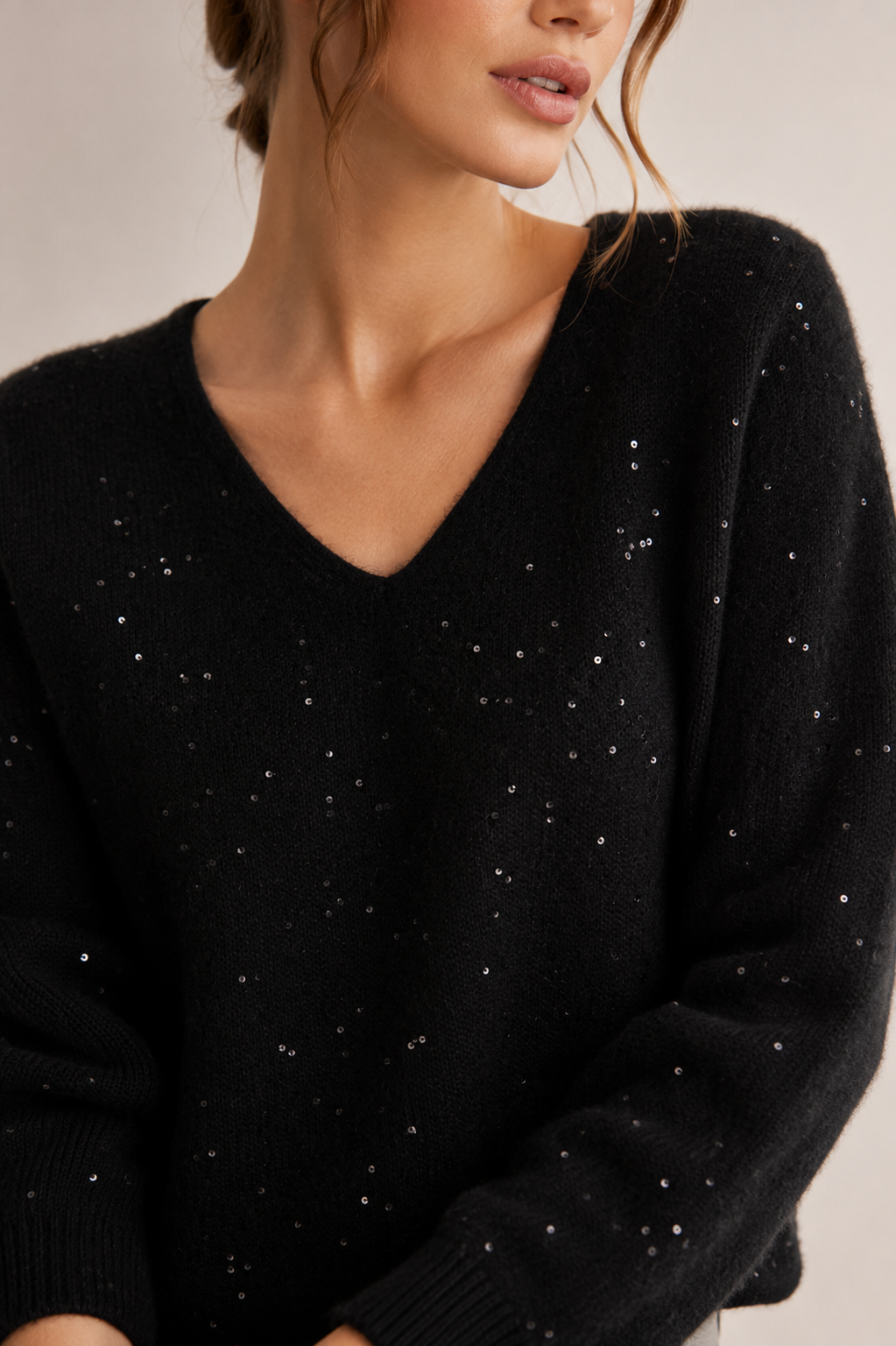 Kaschmir-Mix Pullover „Glamour-Pailletten“ Schwarz