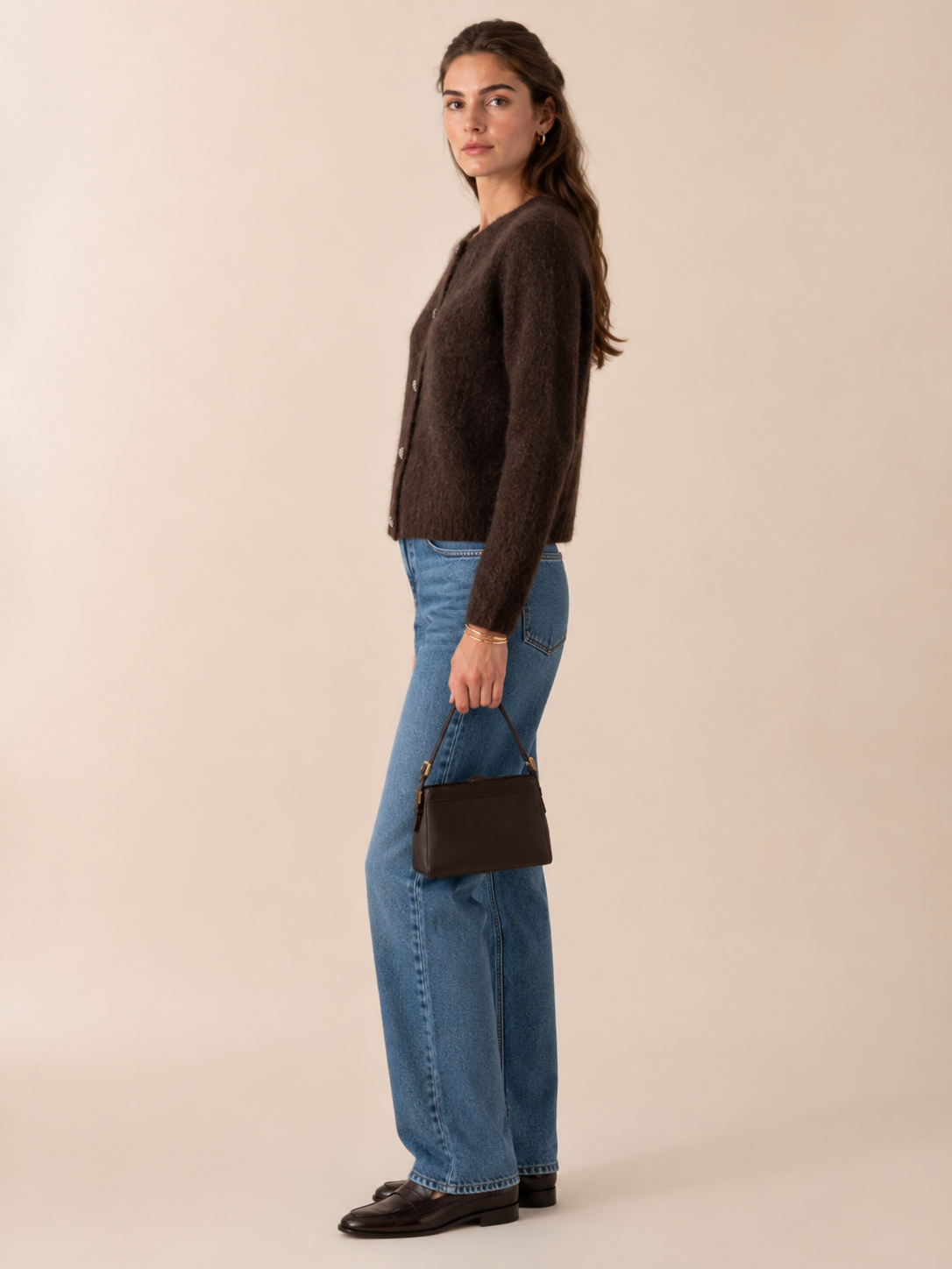Flauschige Kaschmir-Strickjacke „Schmuckknöpfe“ Schokobraun