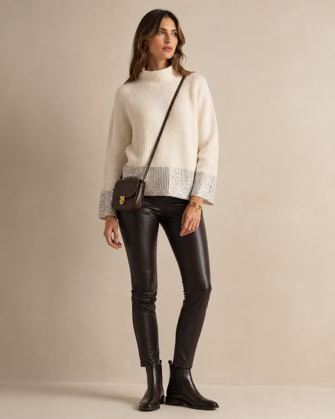 Luxuriöser Pailletten-Pullover Offwhite