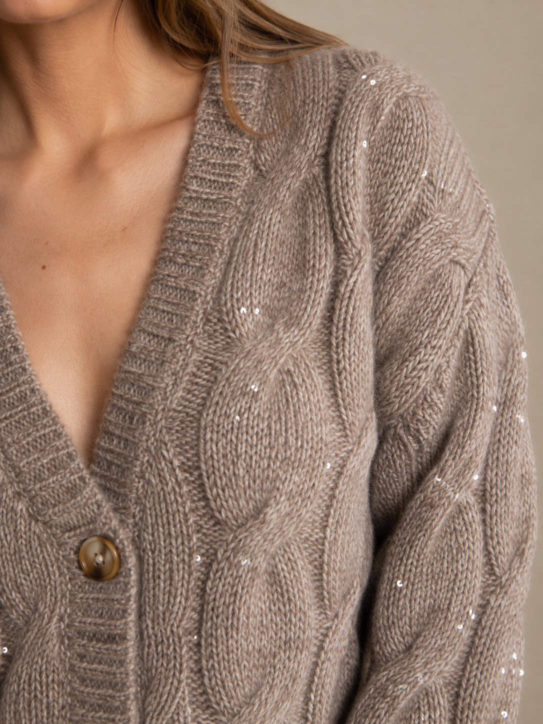 Pailletten-Strickjacke „Glamour“ Melange Taupe