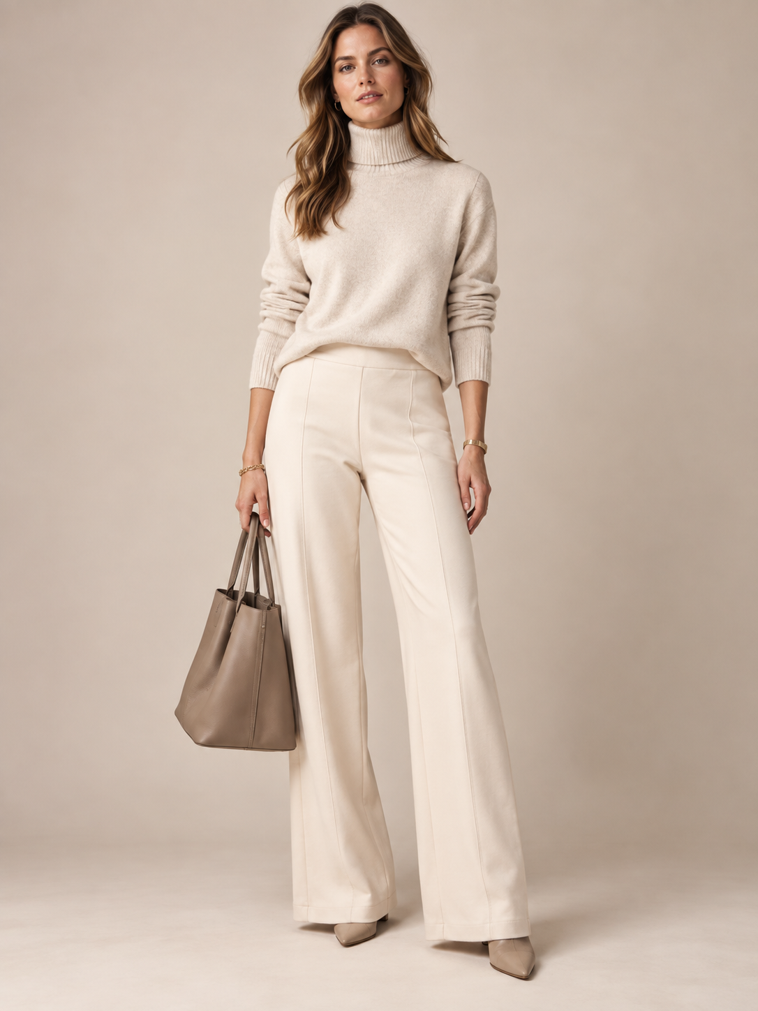 Puristischer Chic / Wide-Leg-Hose „Amber“ Cremefarben / Frontansicht Studio