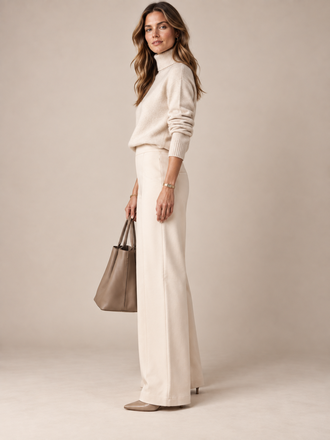 Puristischer Chic / Wide-Leg-Hose „Amber“ Cremefarben / Seitenansicht Studio