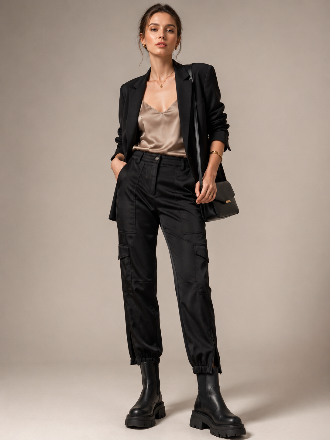 Satin-Cargo-Pants „Karo“ Schwarz