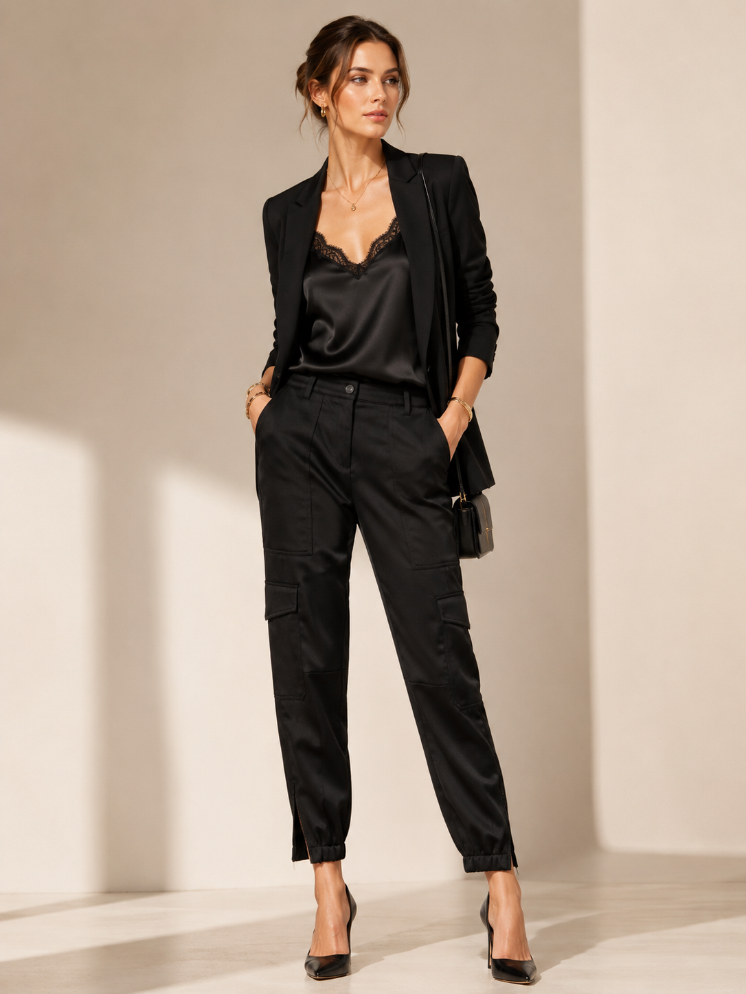 Satin-Cargo-Pants „Karo“ Schwarz