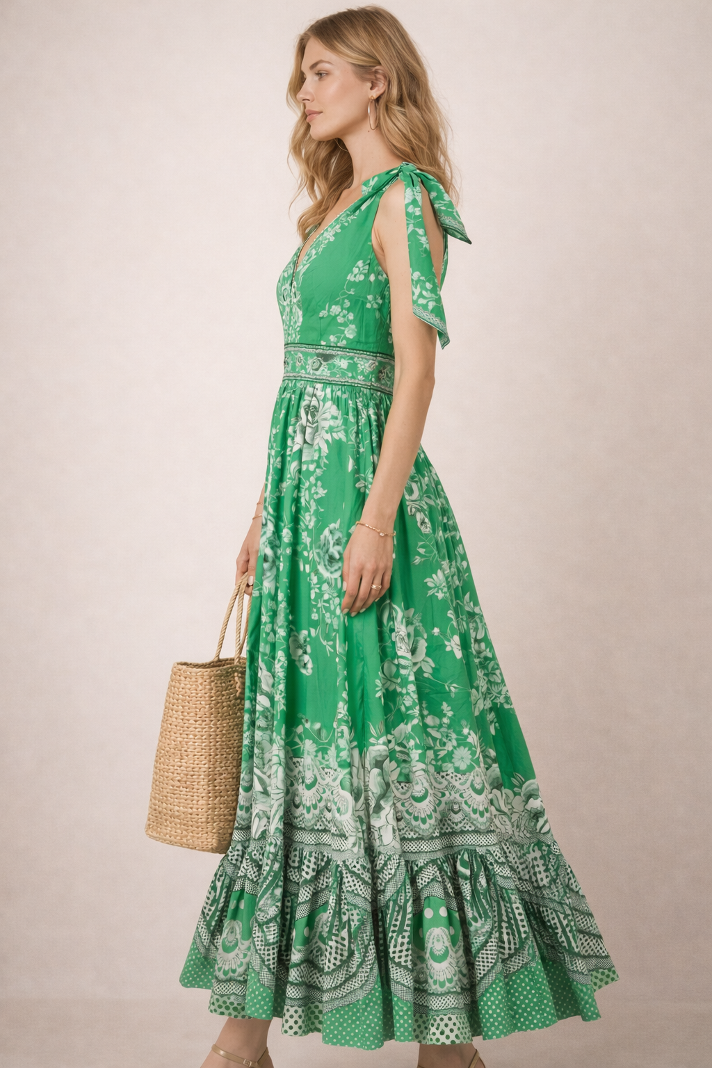 Maxi-Kleid „Floral“ Grün | Weiß