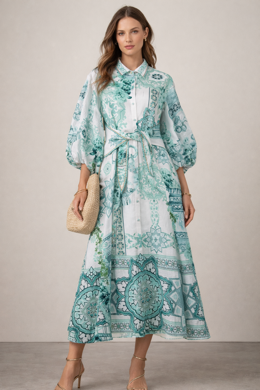 Maxikleid „Ornament“ Weiß | Grün