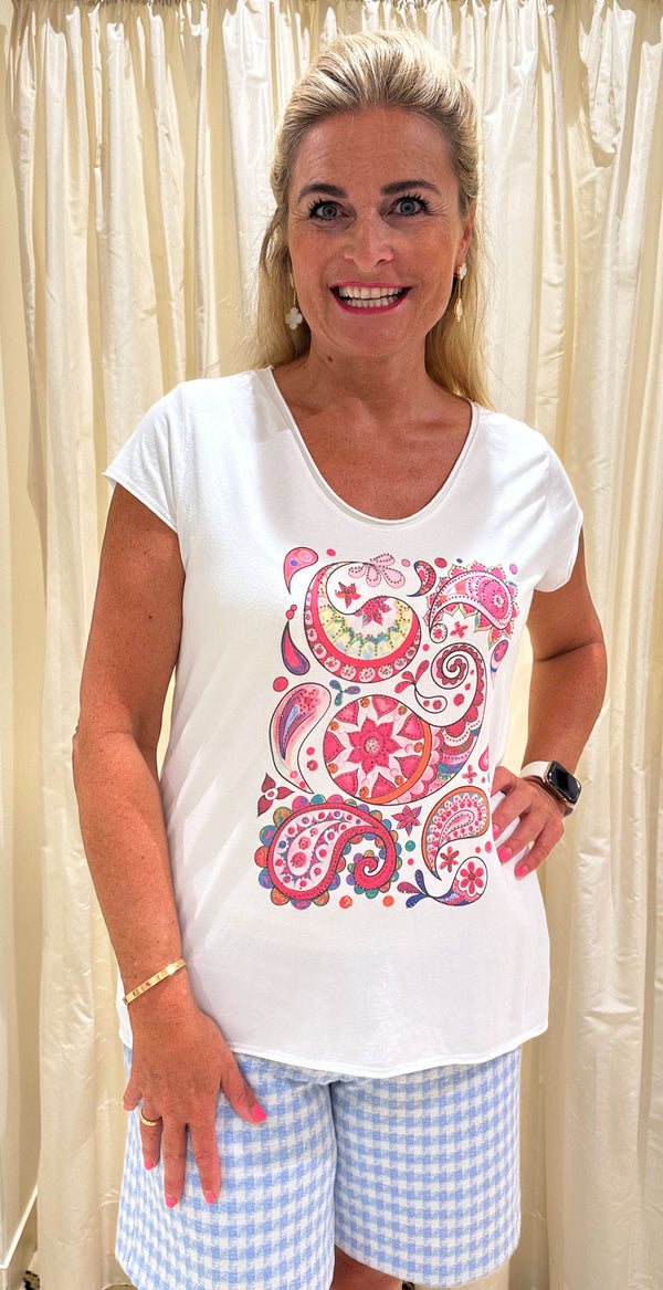 T-Shirt „Paisley“ Weiß | Pink