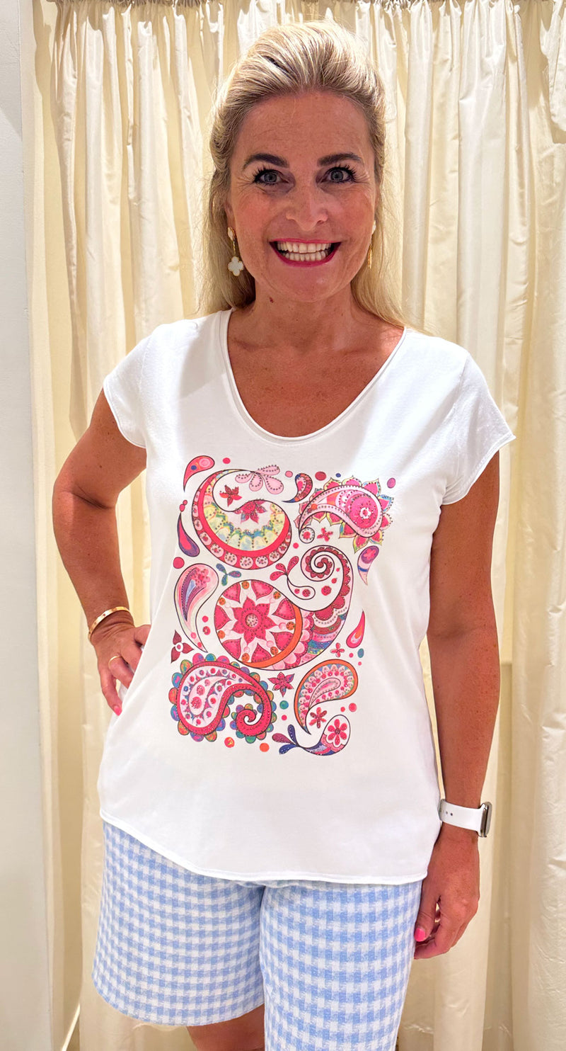 T-Shirt „Paisley“ Weiß | Pink