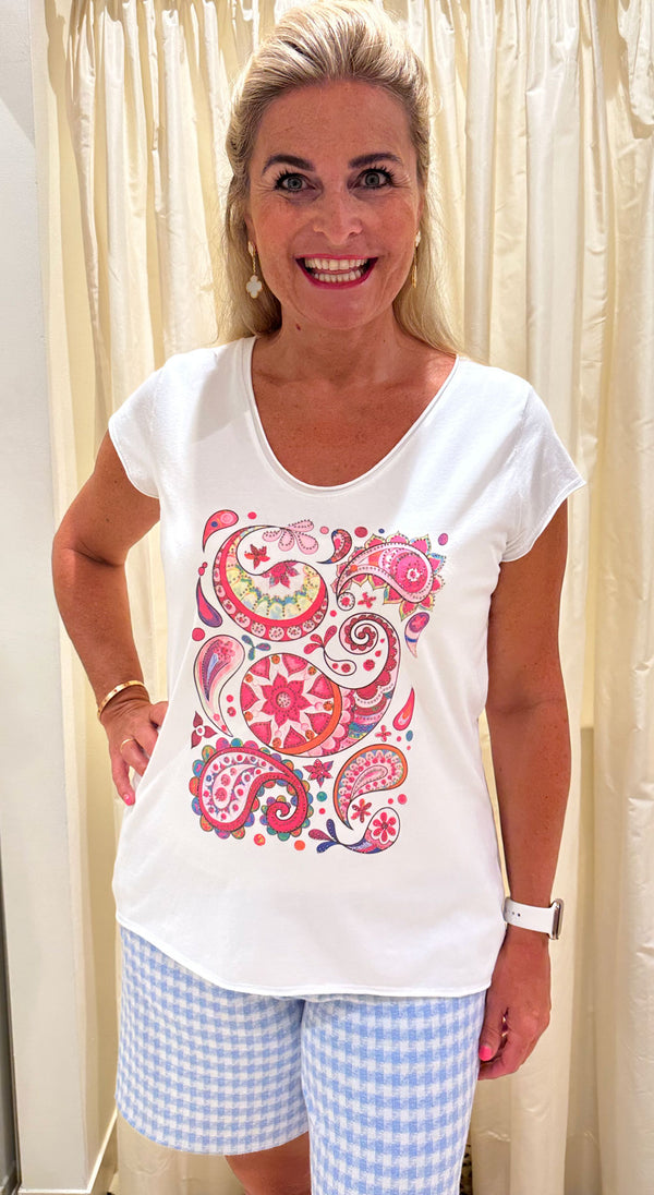 T-Shirt „Paisley“ Weiß | Pink