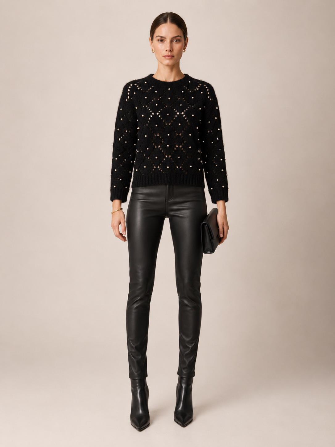 Statement-Pullover „Perlen | Rauten-Ajourmuster“ Schwarz
